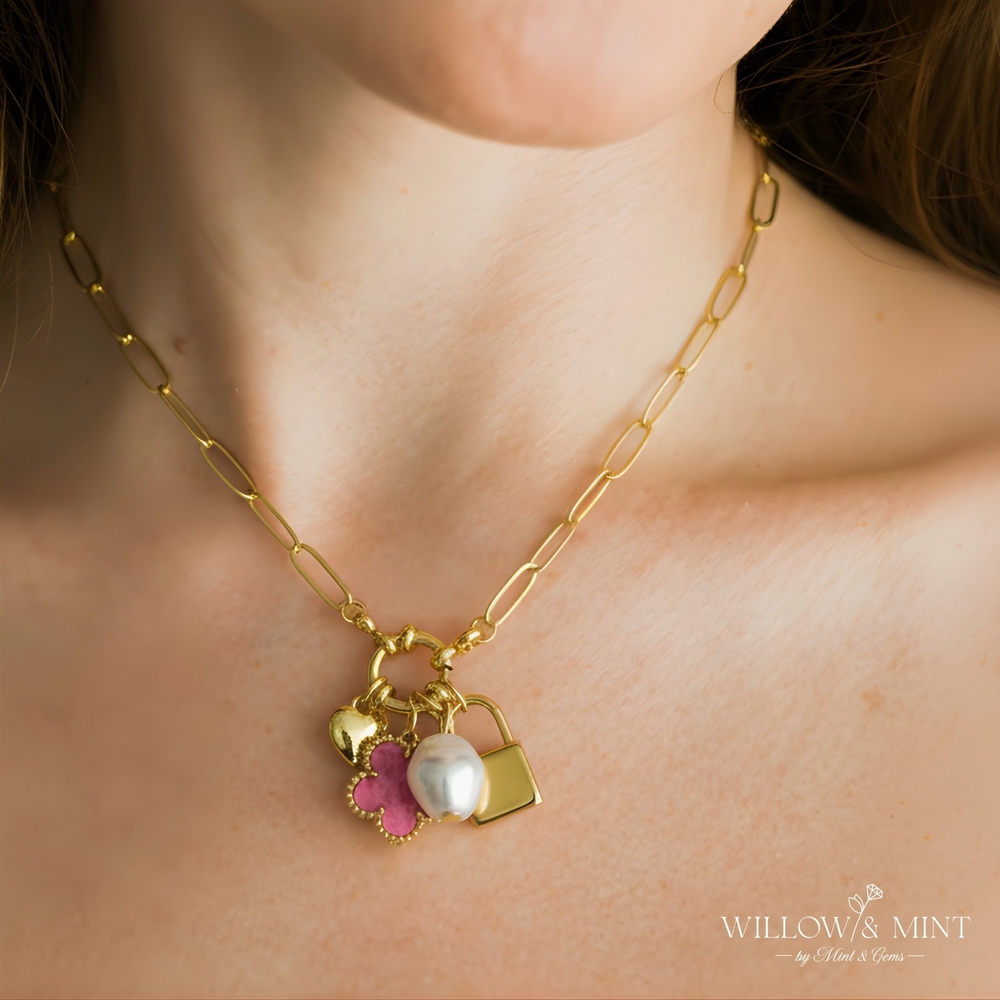 18k Handmade Chunky Clover Necklace 3D Heart And Freshwater Tiny Pearl Necklace